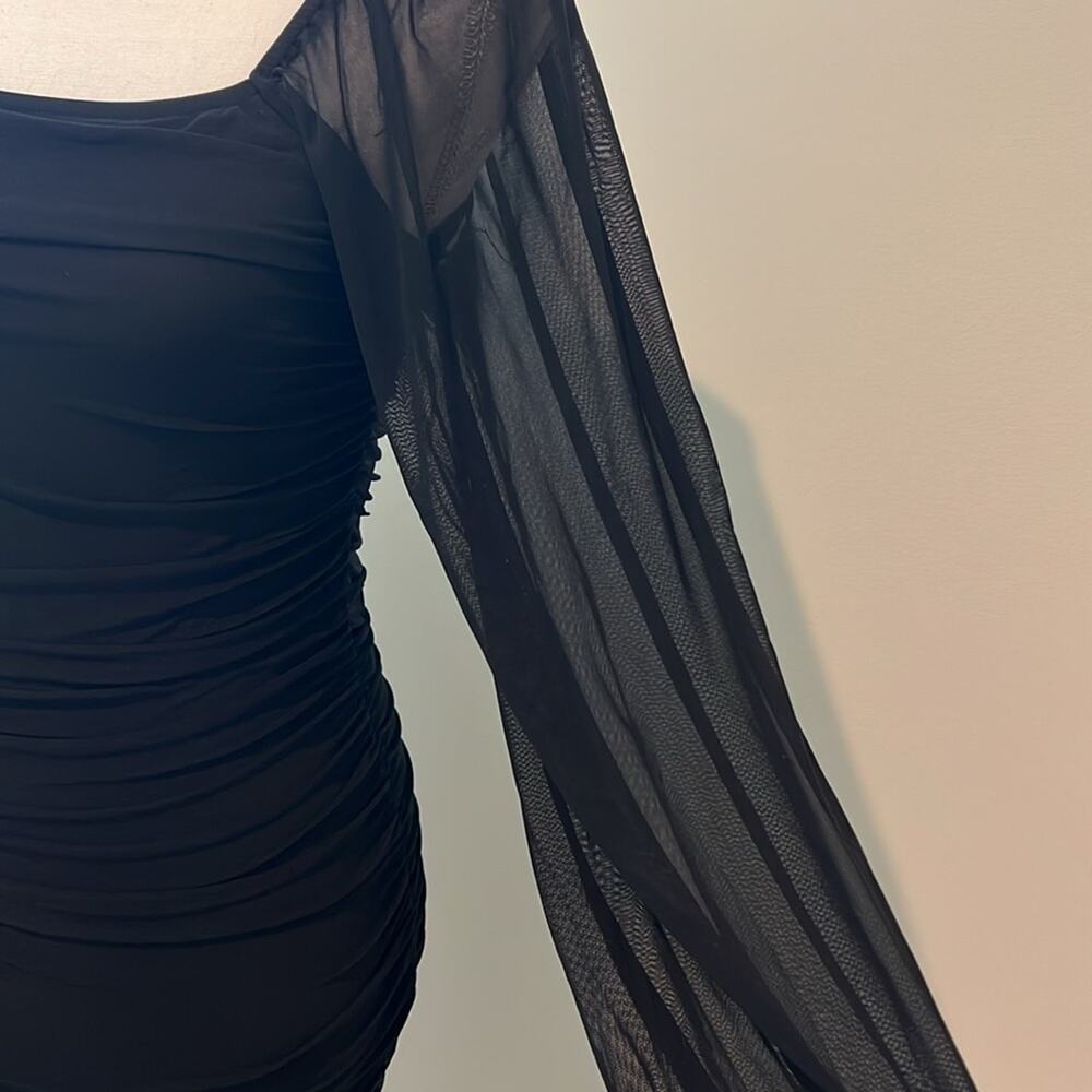 NEW Square Neck Long Sleeve Mini Ruched Bodycon Dress Stretch Cocktail Small S - Picture 4 of 16